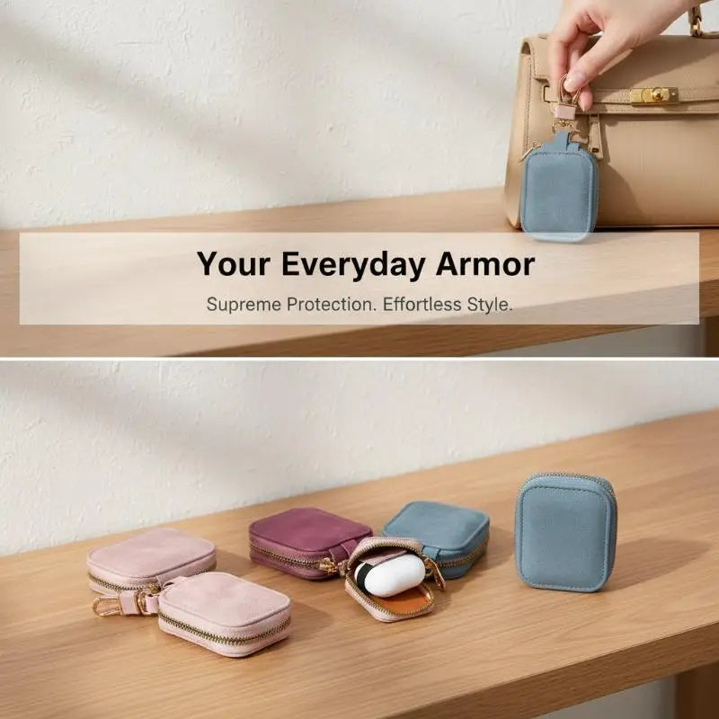 Soft Suede Car Key Holder Case Zippered Design with Durable Metal Carabiner Small Storage Pouch for Keys Earbuds Travel Use