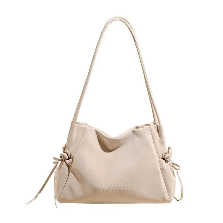 Soft Leather Drawstring Shoulder Bag, Minimalist Tote Purse with Embossed Lettering, Lightweight Daily Casual Use Clutch Bag