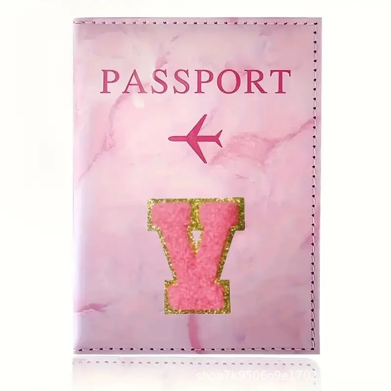 Pink PU Leather Passport Holder with Embroidery Label, Ticket & ID Credit Card Holder Cover, Travel Accessories