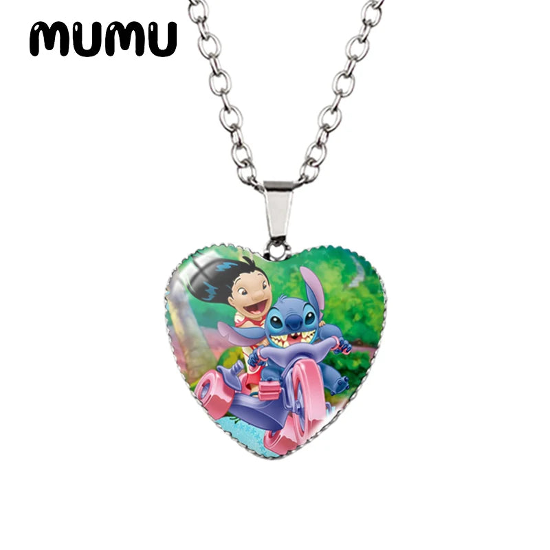 2024 New Lilo Stitch Angle Heart Necklace Glass Printed Photo Pendant Handmade Jewelry Gifts Children