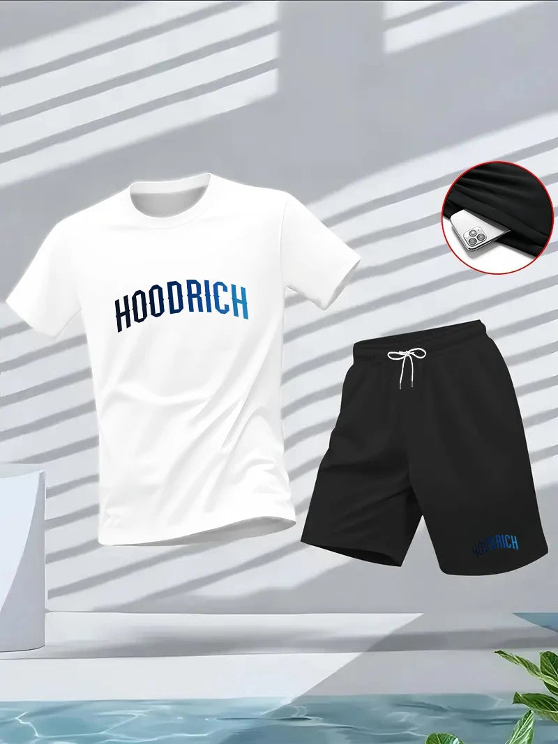 Men's summer fitness sportswear set_ Round-neck short-sleeved T-shirt, five-inch shorts, slimming, fashionable, casual fitness