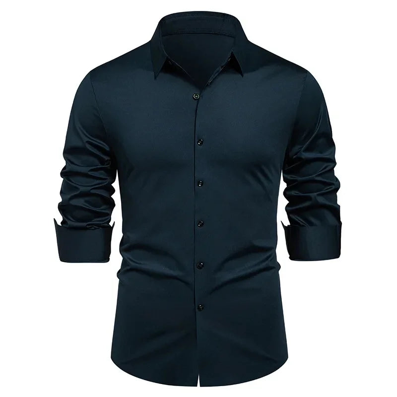 High-end Formal Work Shirts Men Spring Autumn Long Sleeve Elastic Shirt Anti-wrinkle Free Ironing Business Comfort Slim Workwear