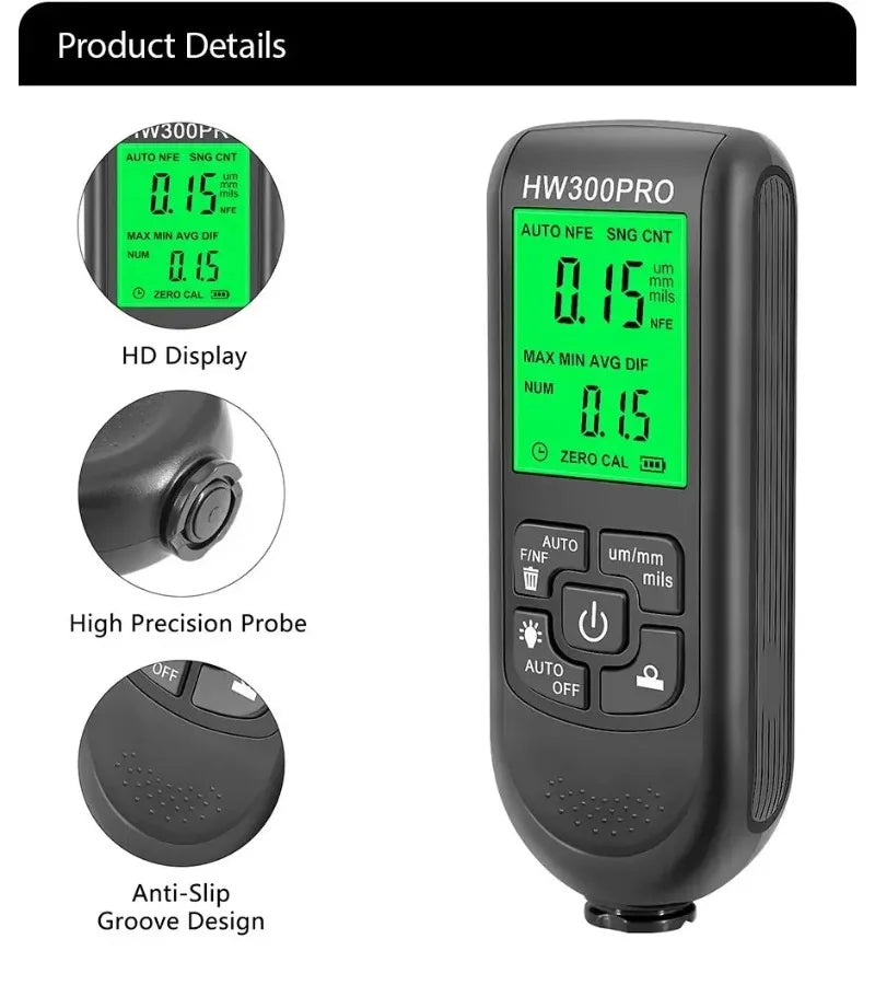 Professional Car Paint Thickness Gauge HW300PRO Automatic Digital Fe NFe Measure Automotive Film Meter Upgrade Tool