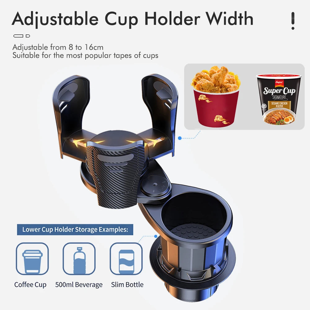 Multi-Functional Dual-Layer Car Cup Holder Universal 360-Degree Rotating Beverage Rack & Instant Noodle Holder