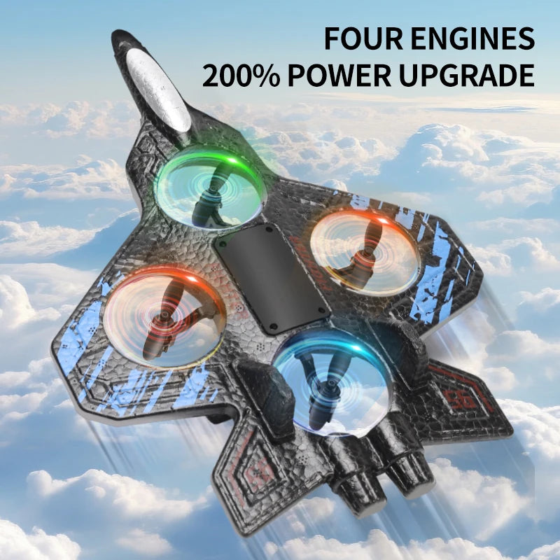 2.4G Remote-Controlled Foam Fighter Plane with Stunt Flips, Hover Capabilities, and Colored Lights.