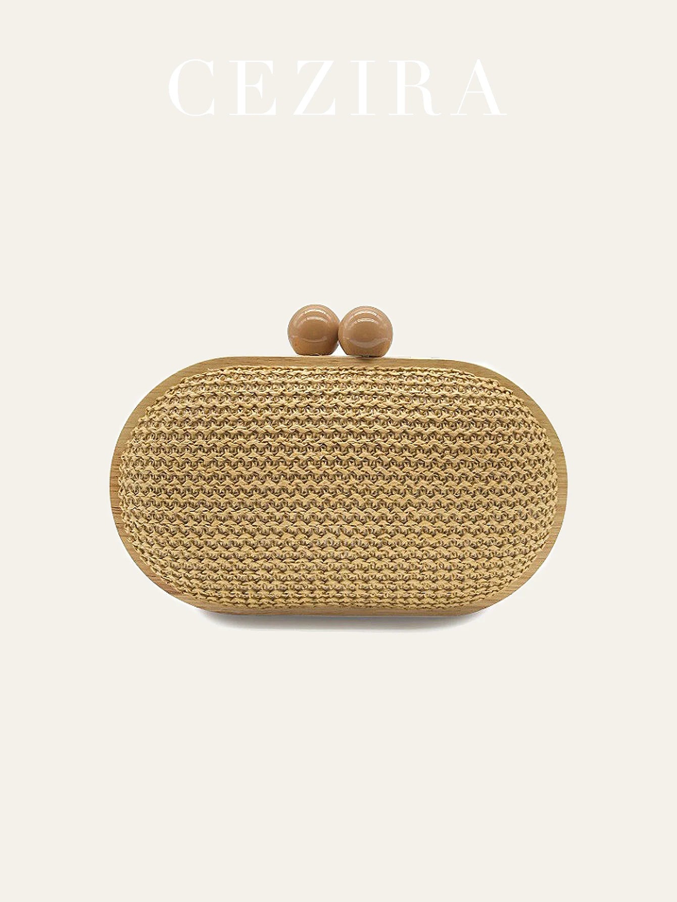 CEZIRA Women's Fashionable Straw Woven Clutch Wooden Frame Clip Closure Evening Bag Hard-case Long Chain Handbag Purse Holiday
