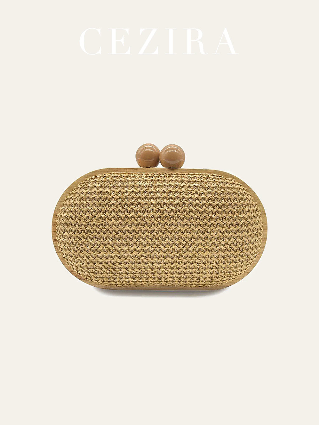 CEZIRA Women's Fashionable Straw Woven Clutch Wooden Frame Clip Closure Evening Bag Hard-case Long Chain Handbag Purse Holiday