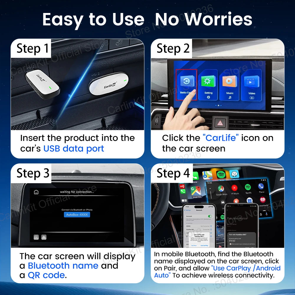 CarlinKit Baidu CarLife to CarPlay Wireless Adapter Android Auto 2 in 1 Mini Box USB Plug and Play 5.8Ghz WiFi Seamless Connect