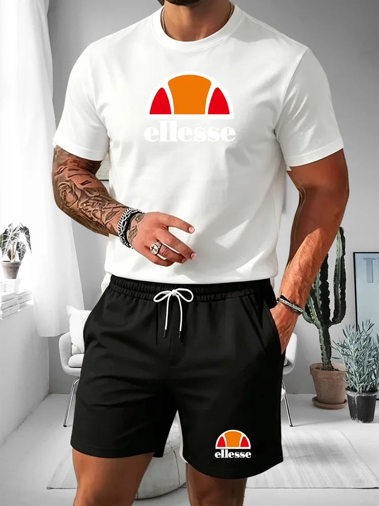 2026 Summer New Men's Fashion Outdoor Sports Set Printed Short Sleeve T-shirt+Shorts Loose Home Leisure Two Piece Set
