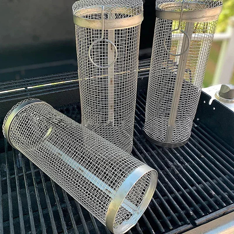 High - Quality Circular Stainless Steel Rolling BBQ Basket - Sturdy Wire Mesh Cylinder - Ideal for Outdoor Camping Barbecuing