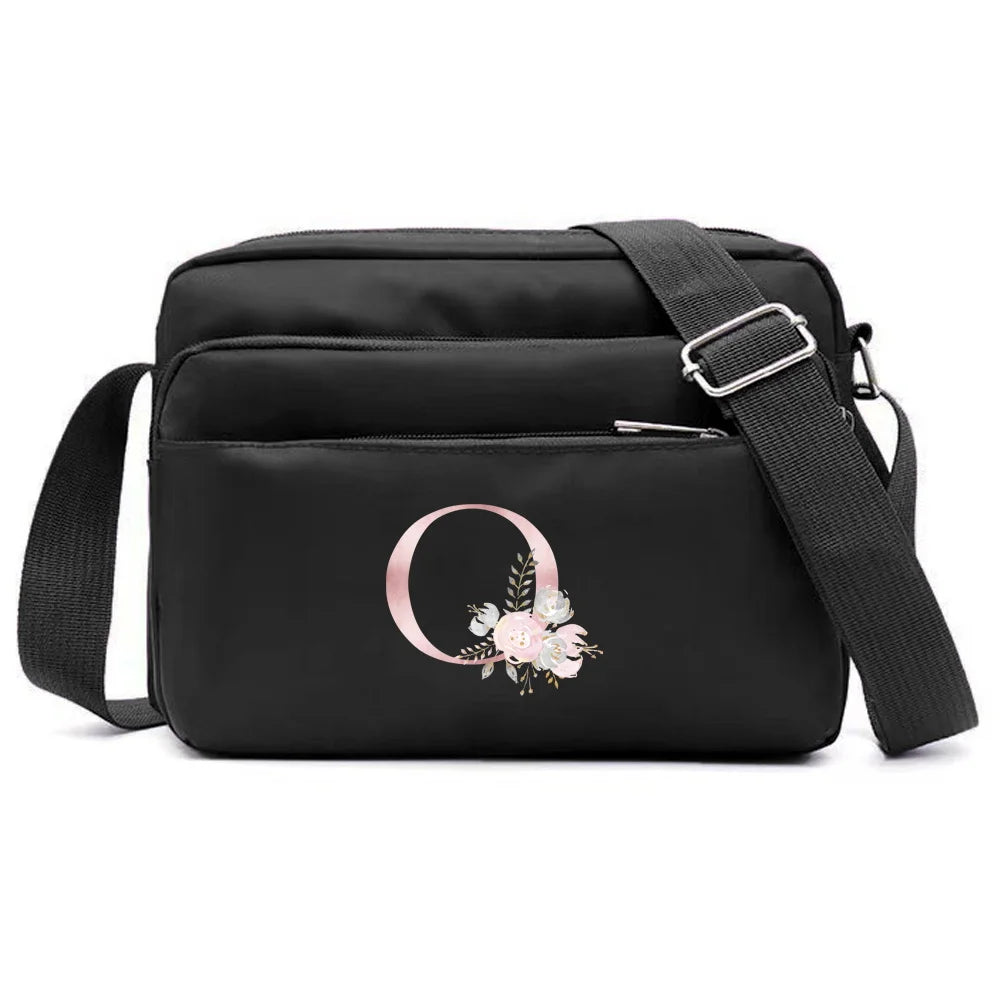 New Simple Black Storage Bag Multi-layer Travel Leisure One Shoulder Crossbody Bag Pink Flower Letter Series Printing Pattern