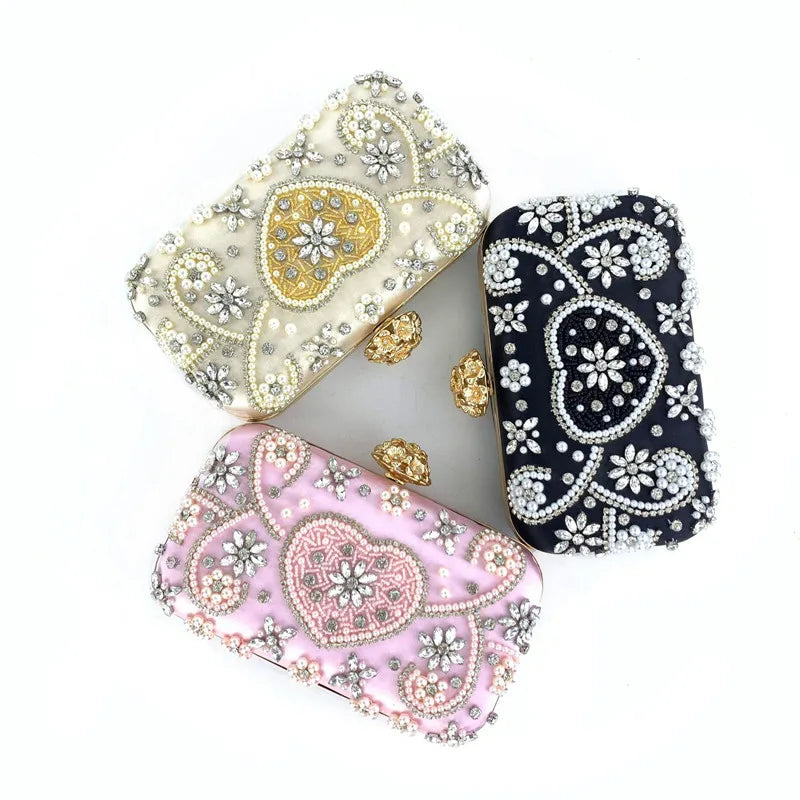 2025 Satin Vintage Women Party Evening Bags Metal Flower Luxury Diamonds Clutch Rhinestones Handbags Chain Shoulder Bag