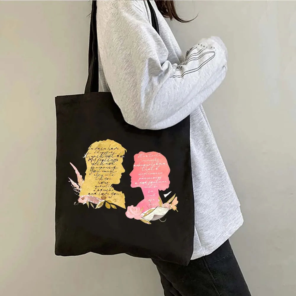 More Pride Less Prejudice Jane Austen Pride Prejudice Elizabeth Darcy Book Bennet Cartoon Shopper Canvas Tote Bag Cotton Handbag