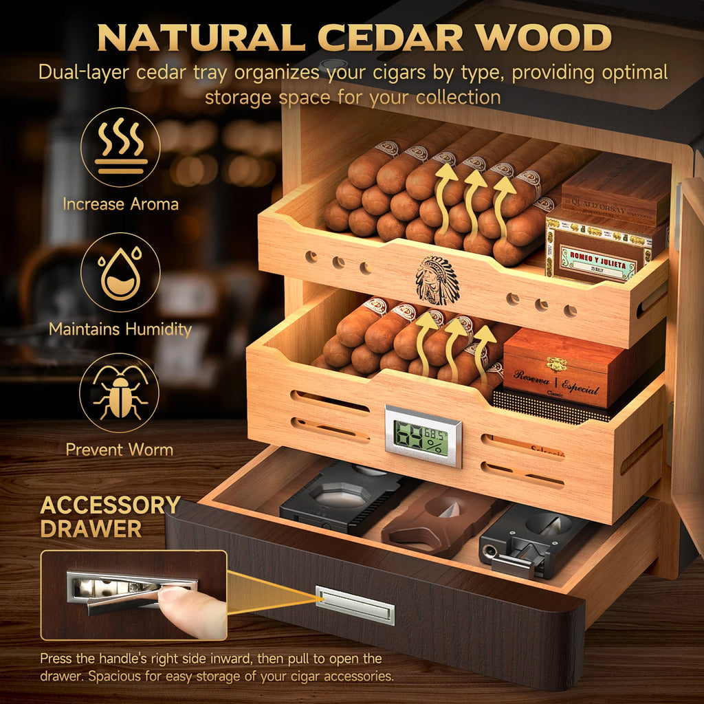 Cigar Humidor Cabinet,LED Lighting,Digital Hygrometer,2 Humidifiers,Cigar Tube,Desktop,Cedar Wood,with Drawer up to 100 Cigars