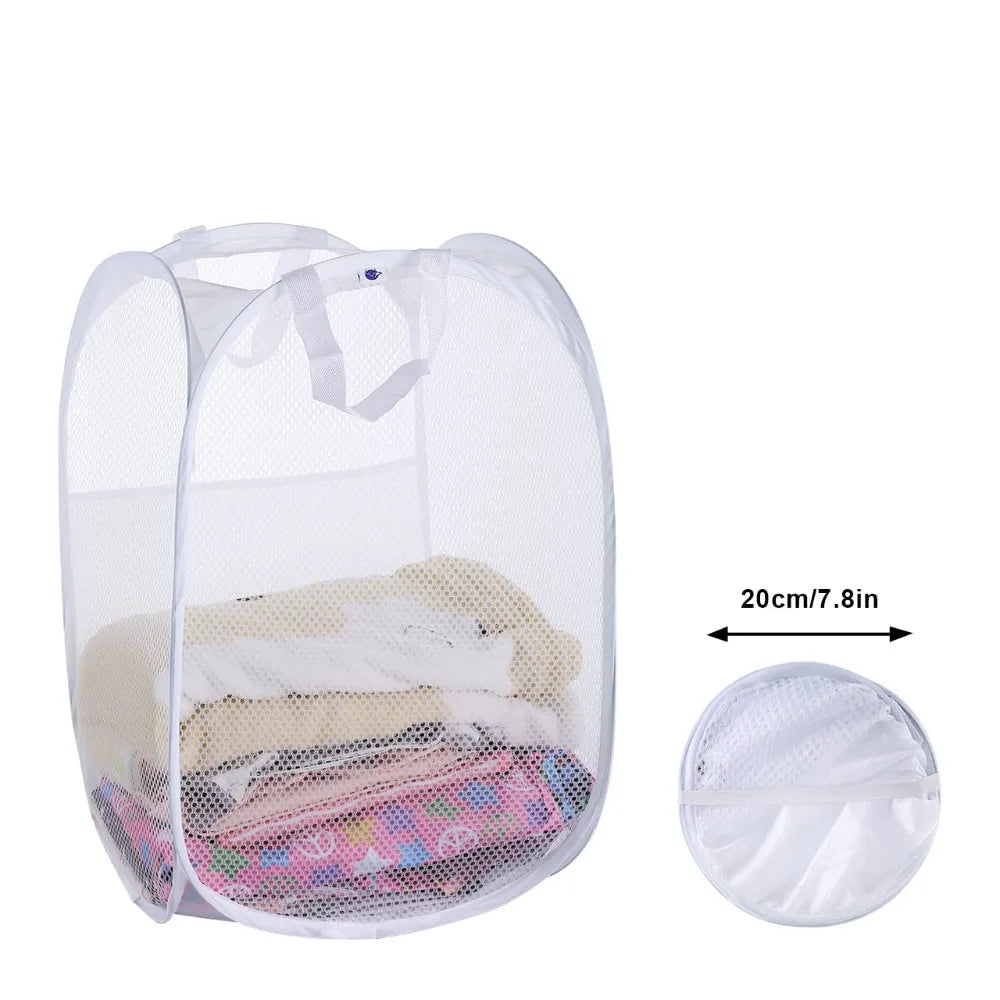 Pop Up Mesh Laundry Basket Foldable Dirty Clothes Hamper Breathable Washing Bin with Side Pocket for Bathroom College Dorm Room