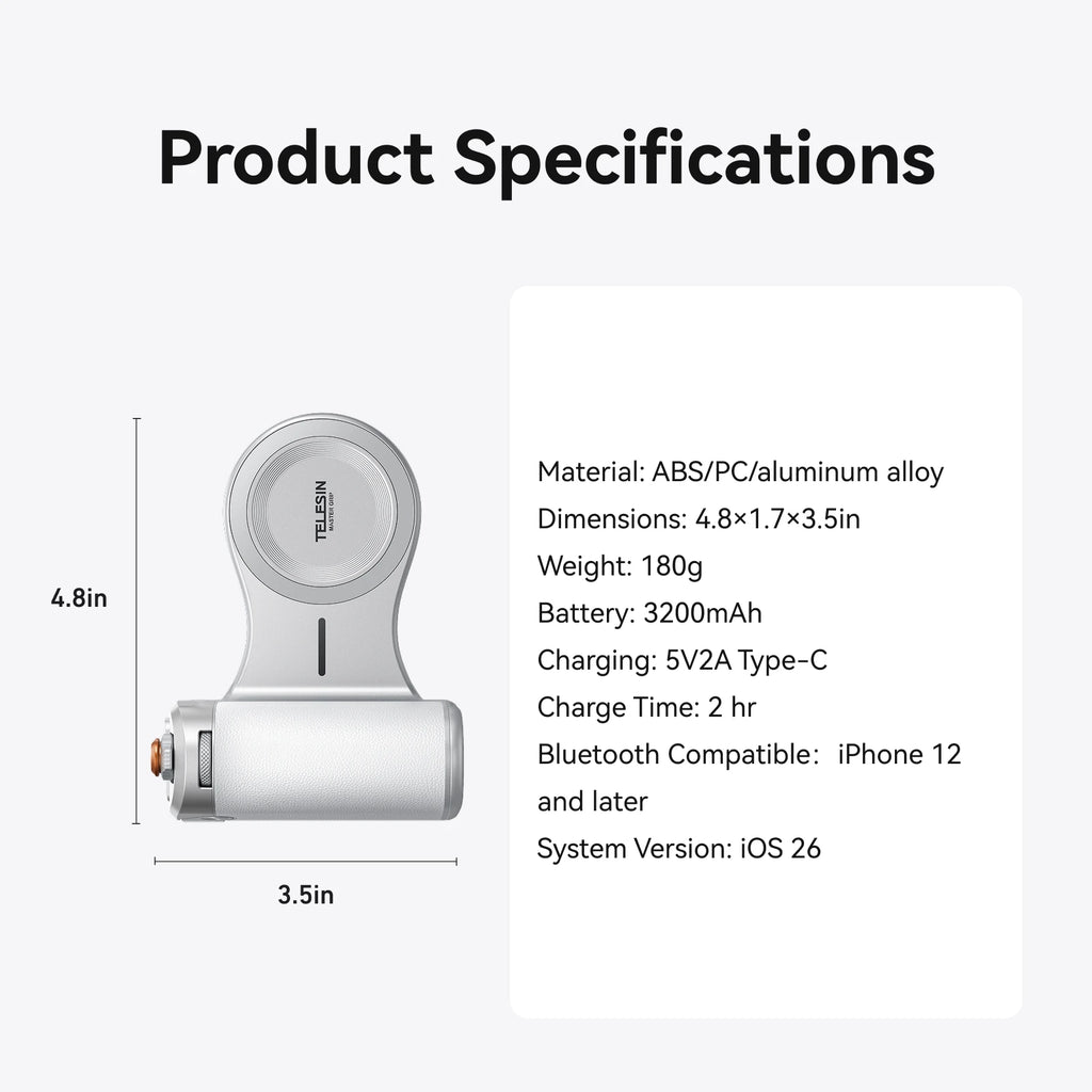 TELESIN Magnetic Phone Camera Shoot Hand Grip 3200Mha Powerbank Wireless Charging Phone Holder Shooting Aid for Iphone Andriod