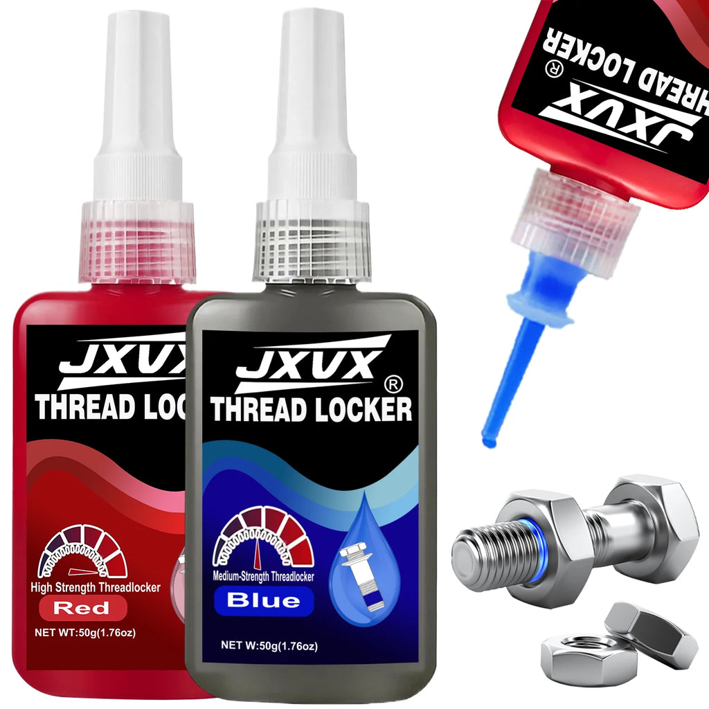 Blue/Red Medium to High Strength Threadlocker Quick-Drying Screw Locking Agent 50ml Anaerobic 243/271 Thread Locking Liquid Strong Anti-Slip Thread Fixing Adhesive Impact-Resistant, Anti-Loosening,  Rust-Proof.