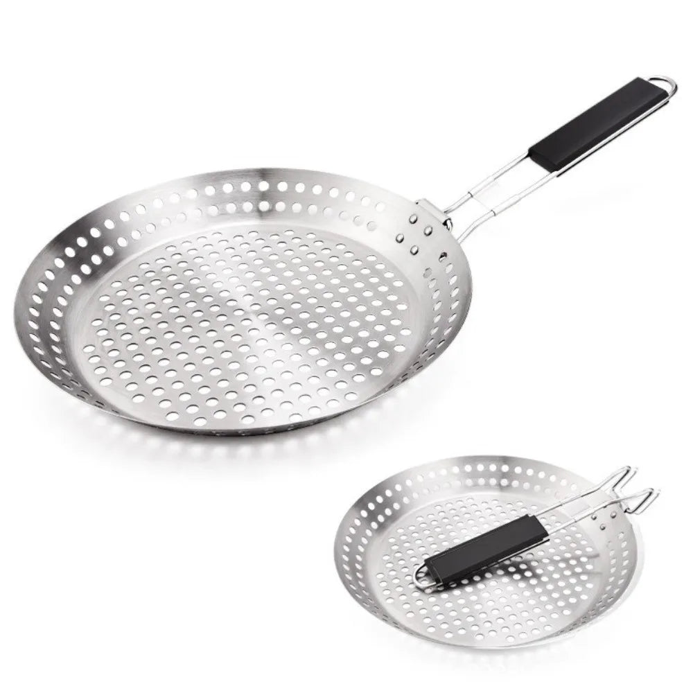 Portable Stainless Steel Vegetable Grill Basket Circular Non Stick BBQ Plate Folding Wood Handle Grill Fry Pan Kitchen Cooking