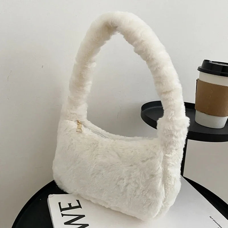 New Fluffy Totes Soft Plush Shoulder Underarm Bag Solid Color Purse Autumn Winter Handbag Women Lady Fashion Storage Pouch