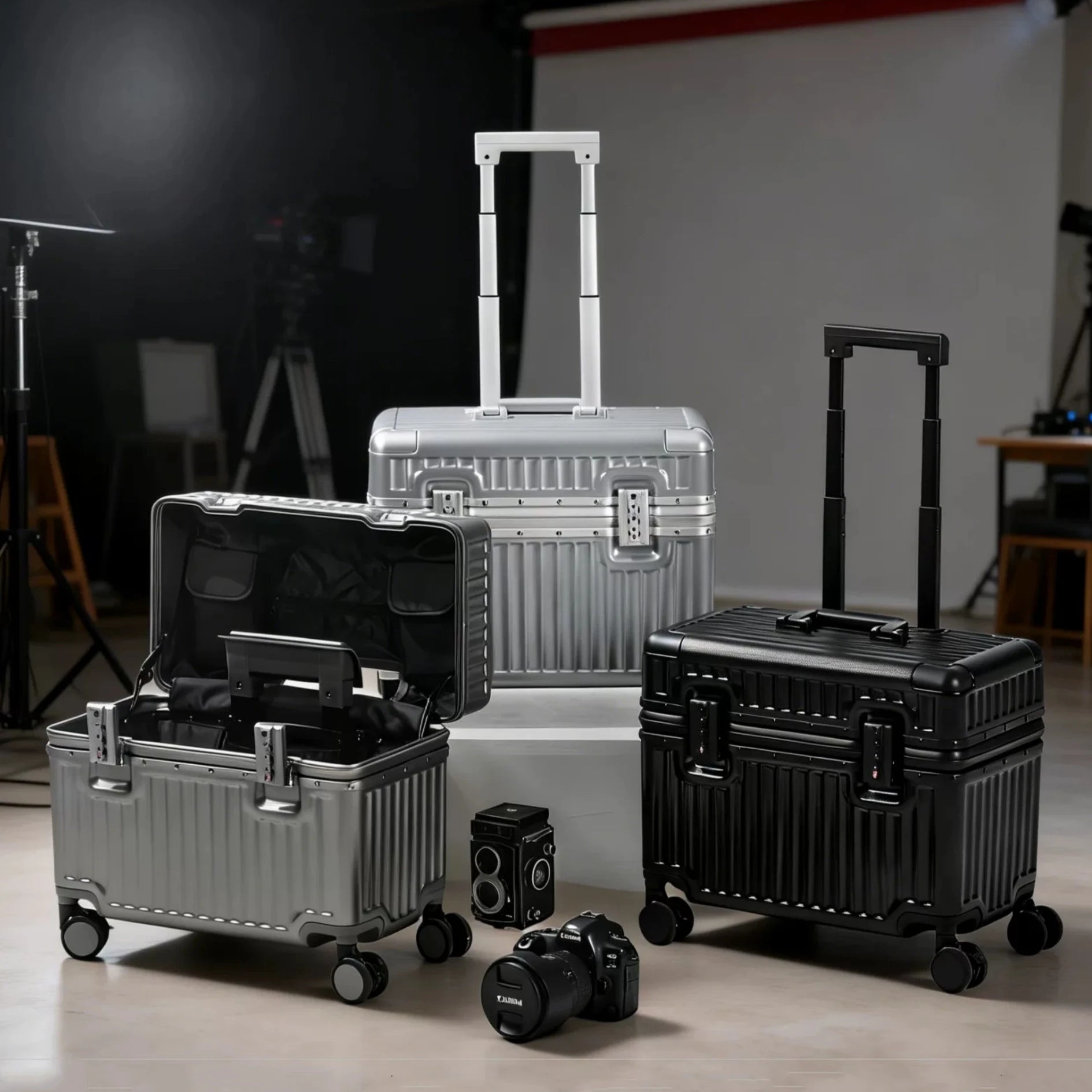 Top Opening Rolling Luggage 18/20 Boarding Carry-on Travel Photographer Suitcase PC Material with Aluminum Alloy Frame TSA Lock