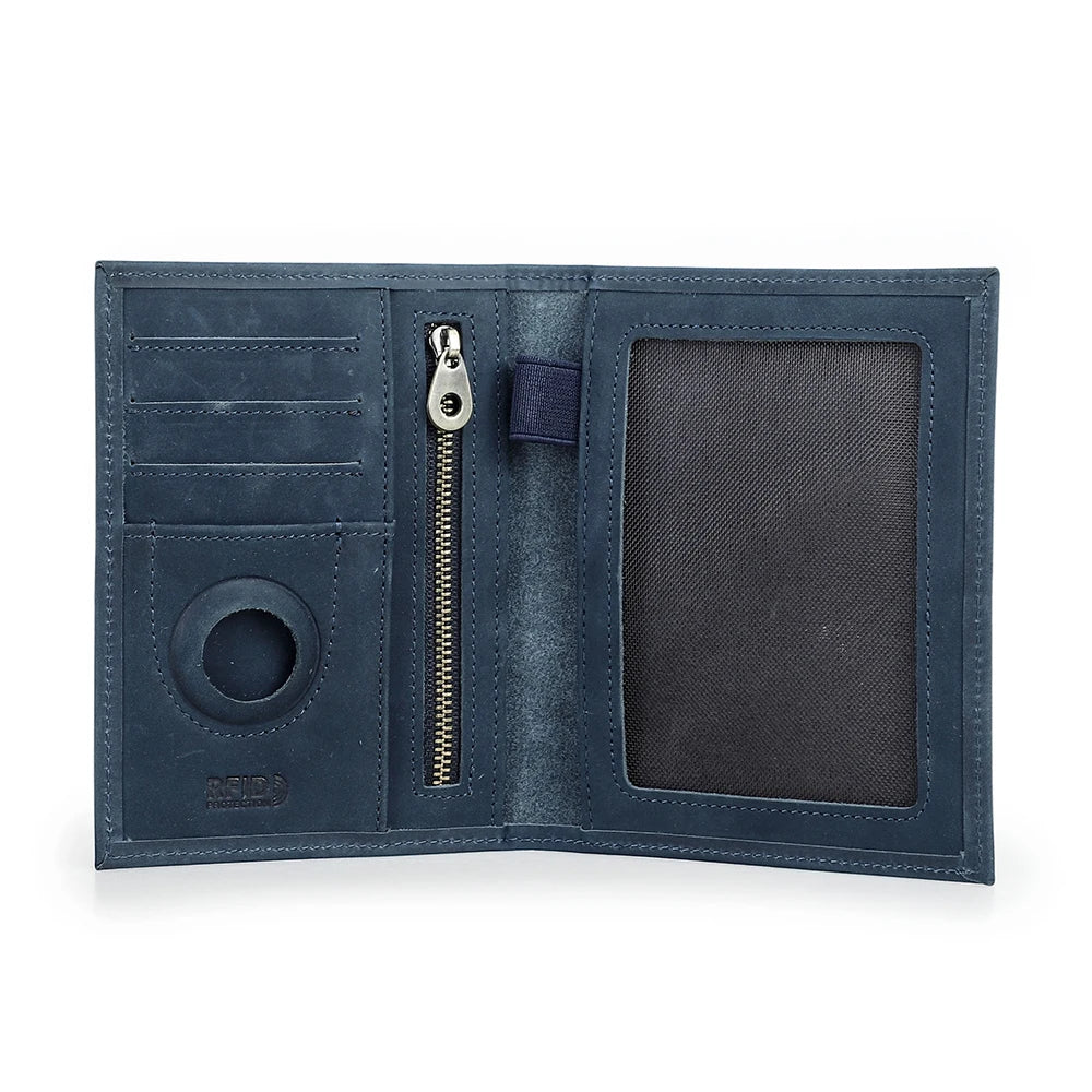 Genuine Cow Leather Passport Holder Travel Wallet with Airtag Case Anti-lost Pocket Pen Card Holder RFID Blocking Passport Cover