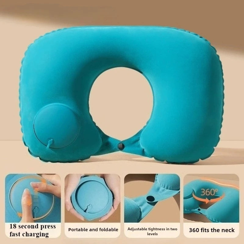 U-shaped Flocking Inflatable Pillow Portable Pillow Auto Inflation Compression Neck Pillow for Outdoor Travel Camping & Hiking
