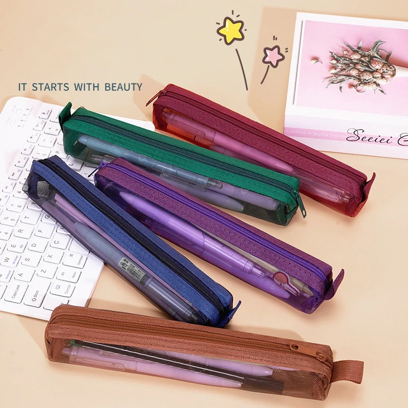 Mesh Pencil Case Ins Style Pen Storage Bag Stationery Pouch Pencil Case For Exams Back to School Supplies Teacher's Day Gift