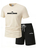 Sea Doo Seadoo Moto Printed Men's Running T-Shirt And Shorts Set Casual Elastic round Neck Sports Suit Quick Dry Comfortable