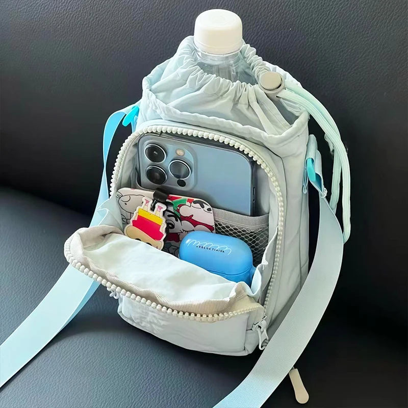 Drawstring Water Bottle Holder Crossbody Bag, Mini Shoulder Pouch, Portable Sling Bag with Phone Pocket for Daily Women Outdoor
