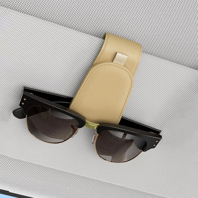 Premium Car Sun Visor Sunglasses Holder Leather Glasses Case Auto Interior Organizer Ticket Card Clip One-Hand Operation Mount