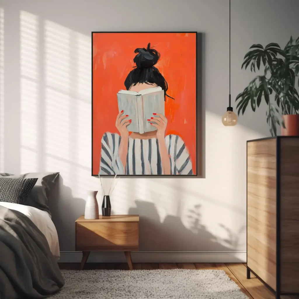 Reading Woman Art Print | Book Poster | Feminine Cozy Wall Art | Bold Orange Art Print | Abstract Contemporary Portrait Art