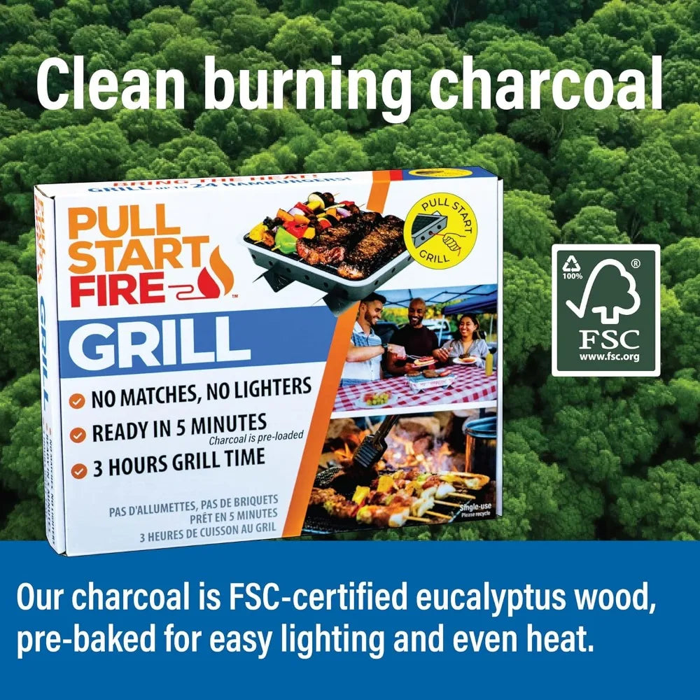 Pull Start Fire Portable Disposable Charcoal Grill Ready in 5 Min 3 Hour Burn Camping Tailgating Outdoor Cooking