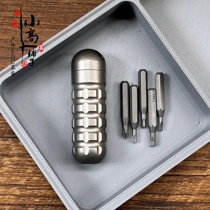 Titanium Damascus EDC Multi-Tool | Portable Screwdriver Bit Holder & Waterproof Canister