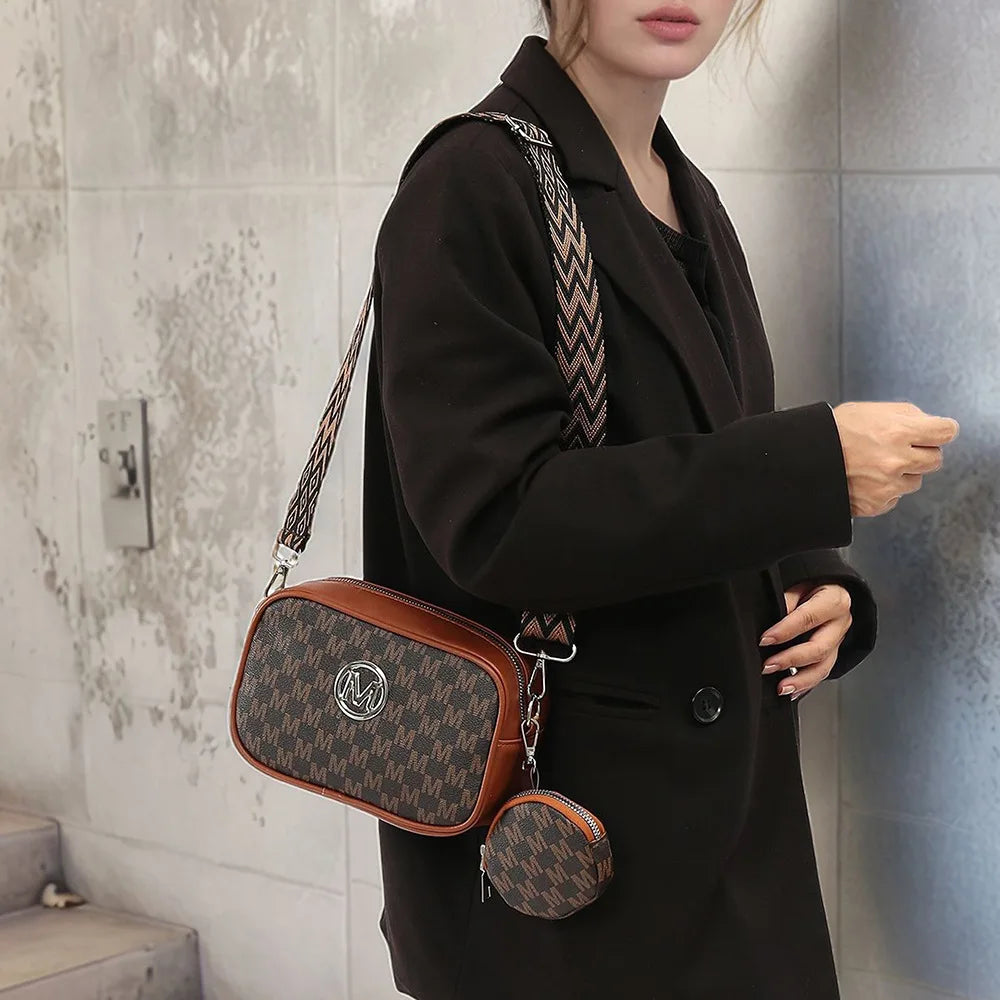 Vintage Letter-Printed Camera Bag for Women, Two-Piece Set, Stylish and Unique Shoulder Crossbody Bag with Wide Webbing Strap and Coin Purse