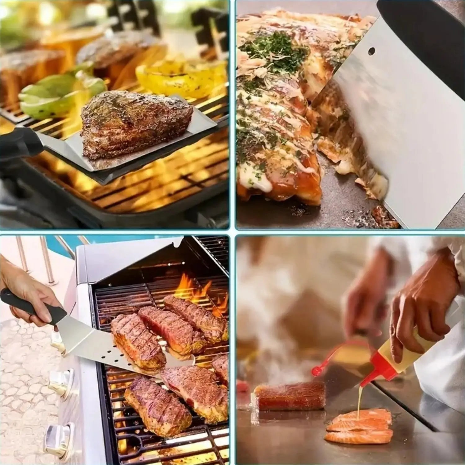 Grill accessories 8-piece set, heavy stainless steel metal scraper, suitable for iron cast-iron flat top teppanyaki Hibachi Hamb