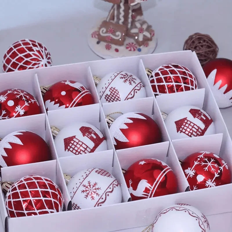 12pcs Red and White Christmas Balls Decorations, Mixed Shapes Plastic Christmas Ornaments, Holiday, Wedding and Party Supplies.