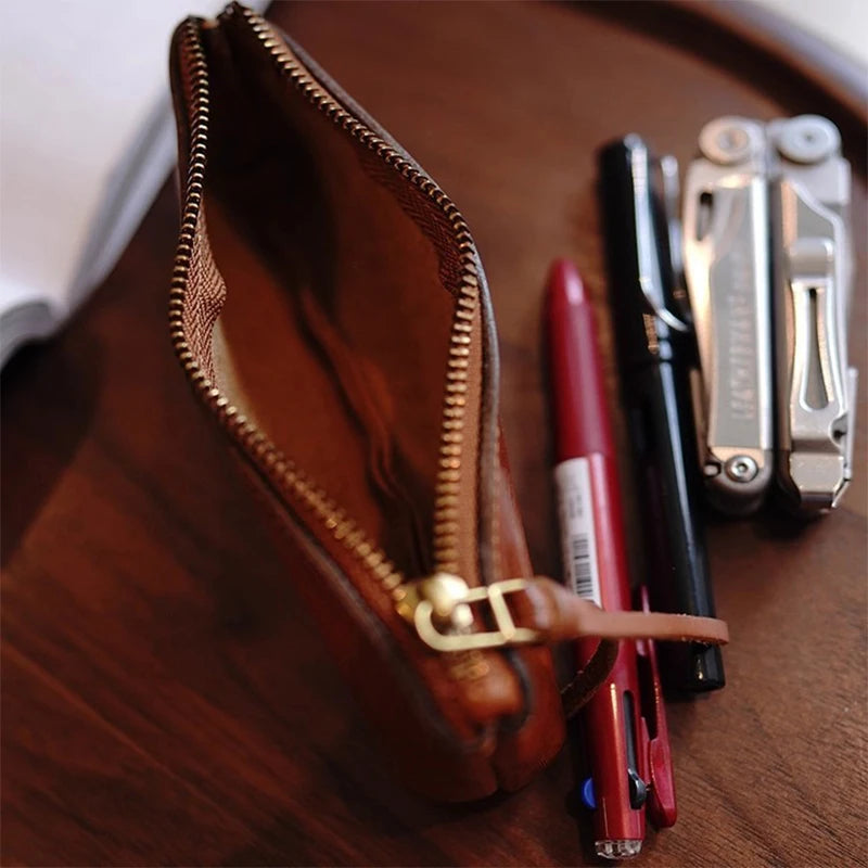 Simple leather pencil bag men and women large capacity high school students stationery bag makeup brush sub pen bag