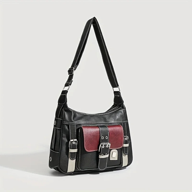 Vintage Leather Women's Bag, Y2k Spicy Girl Motorcycle Crossbody Bag, Large Capacity Contrasting Single Shoulder Bags