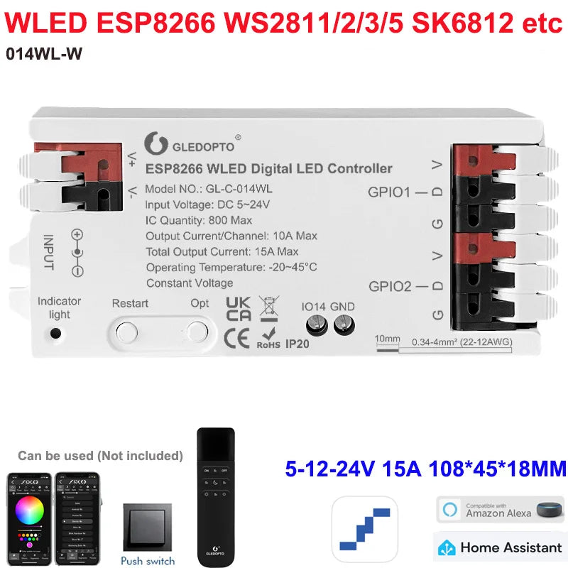 5GLEDOPTO ESP32 PWM WLED Dynamic LED Controller 5 in 1 DC12-24V WIFI App Control for RGBCCT RGBW RGB CCT DM WS2811/2B/3/5 Strip