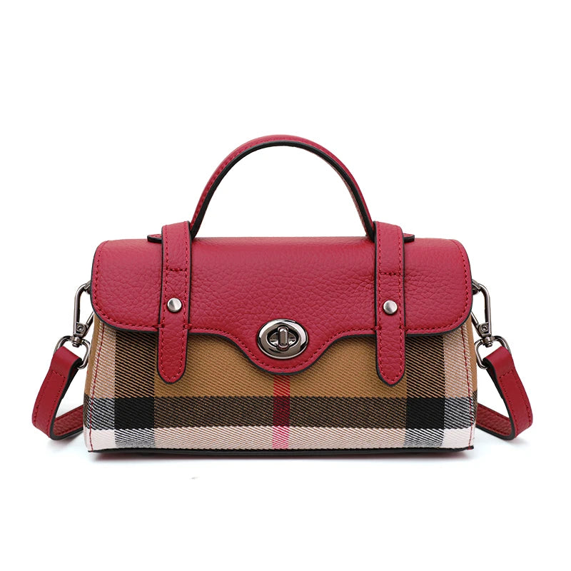 Aidrani  Classic plaid single shoulder crossbody bag, canvas patchwork cowhide mini bag