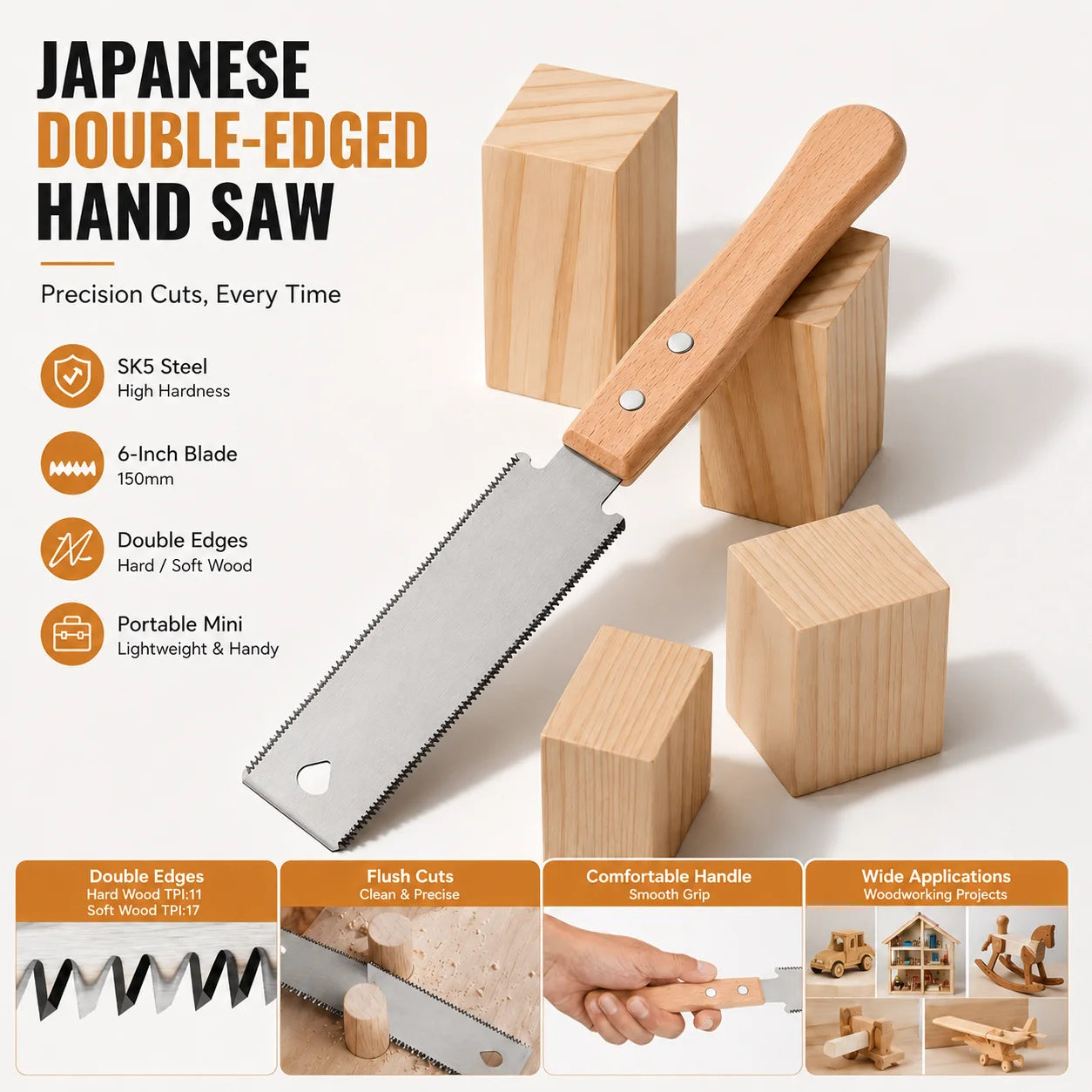 1pc Japanese Double-Edged Hand Saw, SK5 Steel 6-Inch Fine-Tooth Pull Saw for Carpentry Gardening, Portable Mini Woodworking Tool