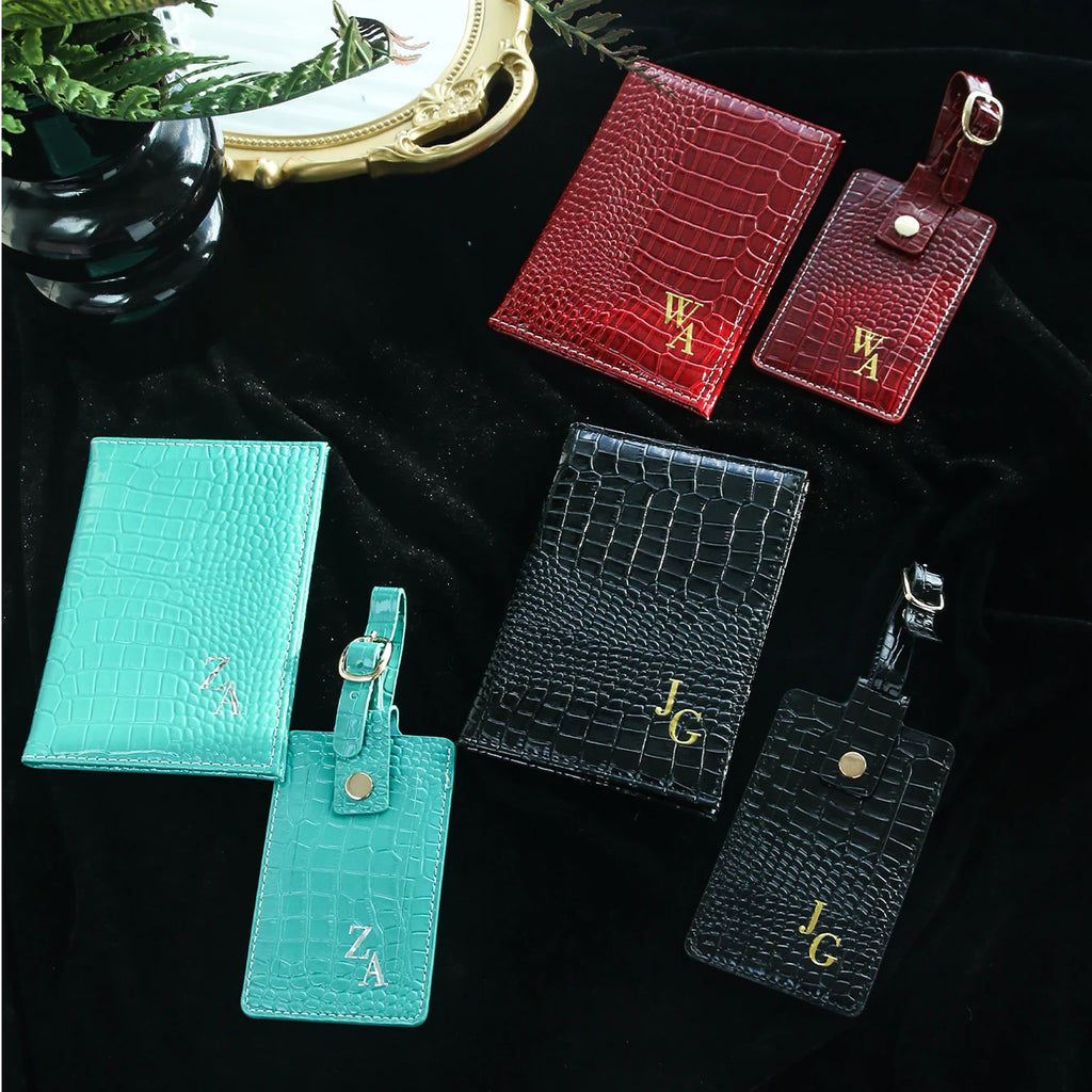 Personalized Custom initial Gloss Croc Texture Leather Passport Wallet with Luggage Tag Set Travel Suitcase Anti-Lost Tag
