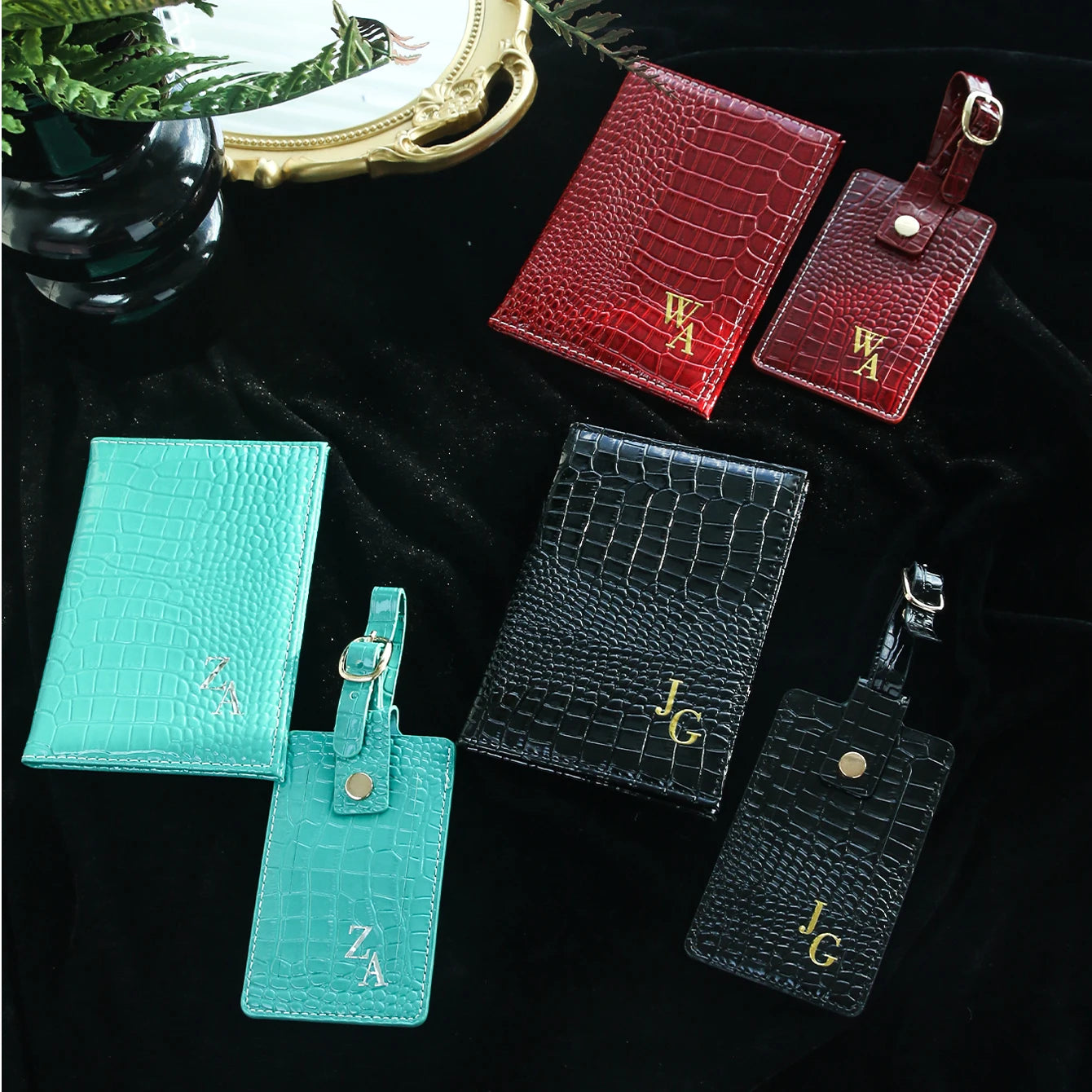 Personalized Custom initial Gloss Croc Texture Leather Passport Wallet with Luggage Tag Set Travel Suitcase Anti-Lost Tag