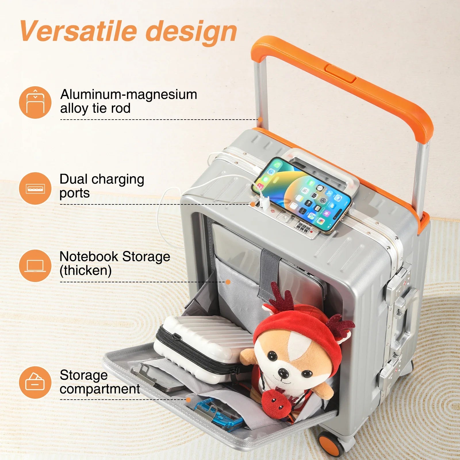 Front-Opening Luggage Box Carry-On Suitcase Swivel Wheels Charging Travel Suitcase Aluminum Frame Password Handle Boarding Plane