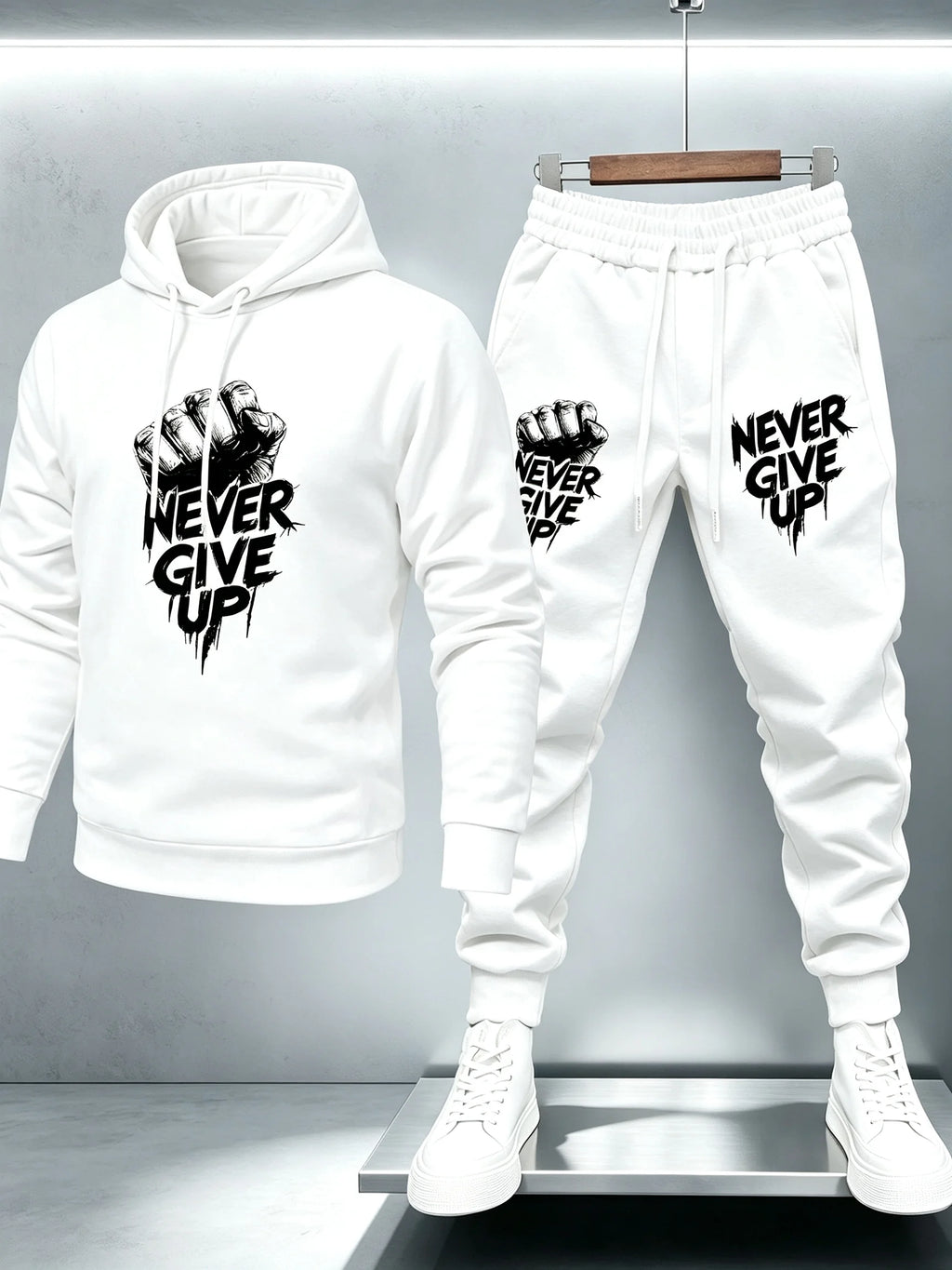 Men’s Motivational Slogan Two-Piece Tracksuit Fist Graphic Never Give Up Print Hooded Sweatshirt Jogger Pants Set Outfit