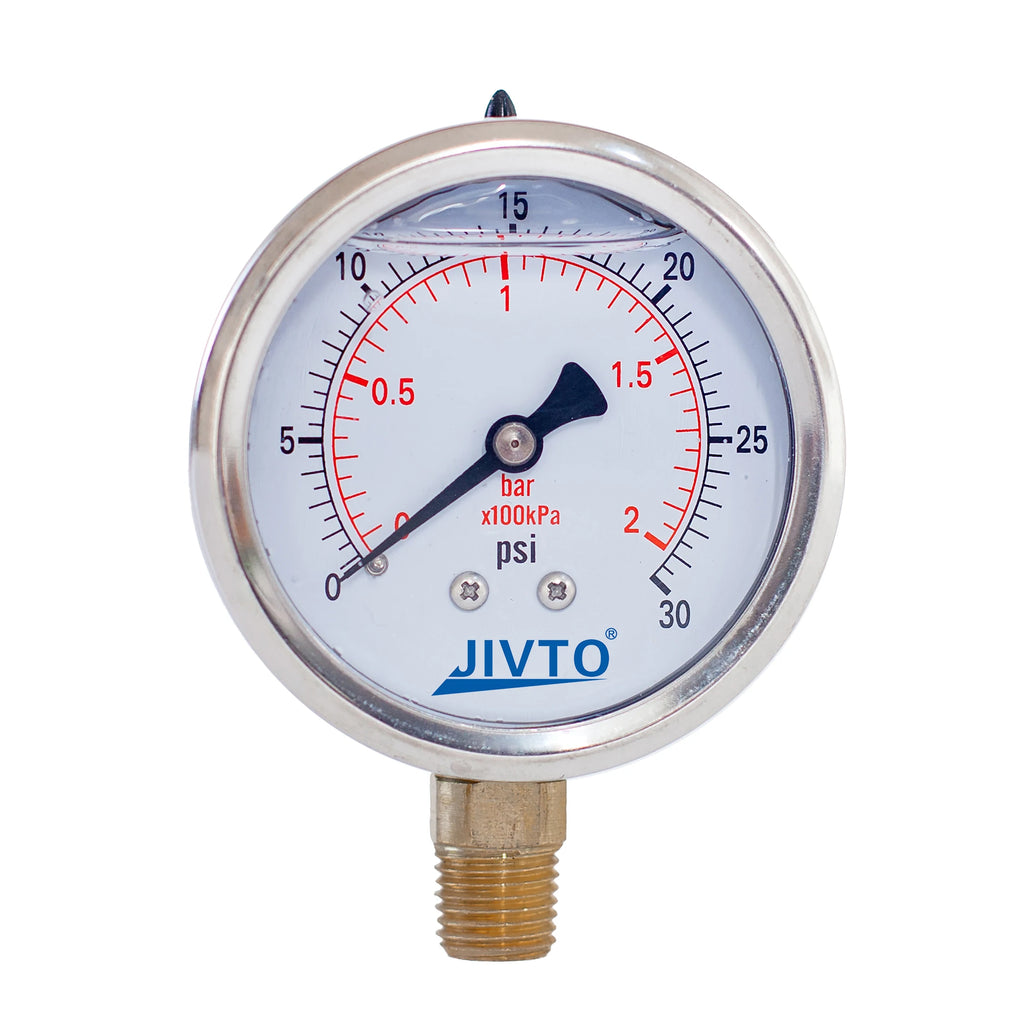 JIVTO Glycerine Filled Pressure Gauge 2.5 Inch 1/4 BSP Lower Mount 15,30,60, 100,160,200,300,400,600,3000 Psi & Bar, Shockproof