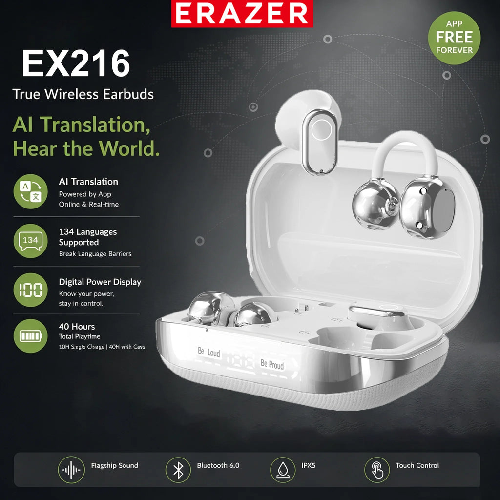 Erazer EX216 Soft Bluetooth Earphones 135 Language AI translator Earbuds Type-C Low Latency New 2-in-1 Wireless Headphones