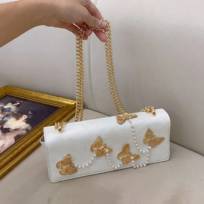 High Quality Textured PU Square Bag Metal Butterfly Pearl Beading Lady Purse Women's Handbag Fashion Shoulder Messenger Bag