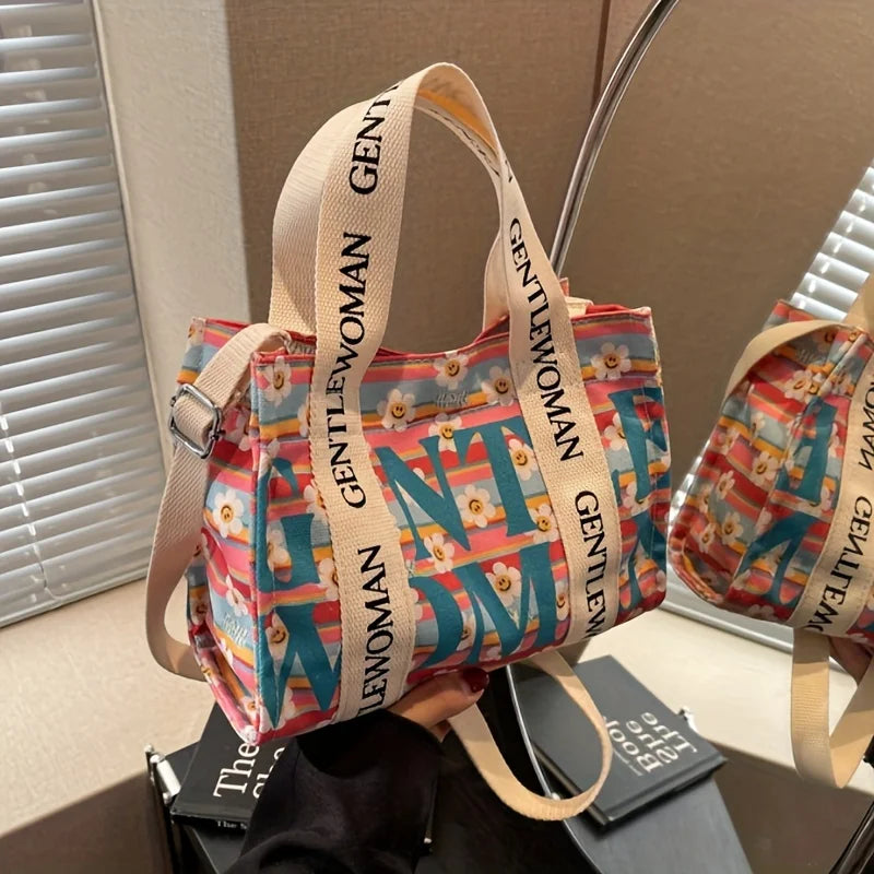 Dopamine Colorful Women's Crossbody Bags Fashionable Canvas Shoulder Bag Flower Print Tote Handbags Shopping Bag