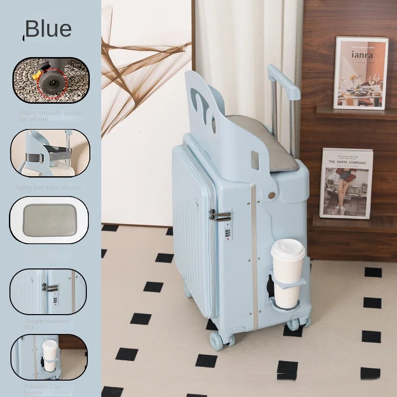 Front Opening Suitcase for Children can Sit 20/22 inch Ride on Luggage Sturdy Thickened PC Travel Suitcase with Cup Holder
